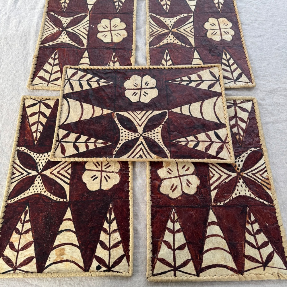 Vintage Tapa Cloth Placemats Set 5 Brown Tribal Bark Cloth Woven Tiki Boho Art